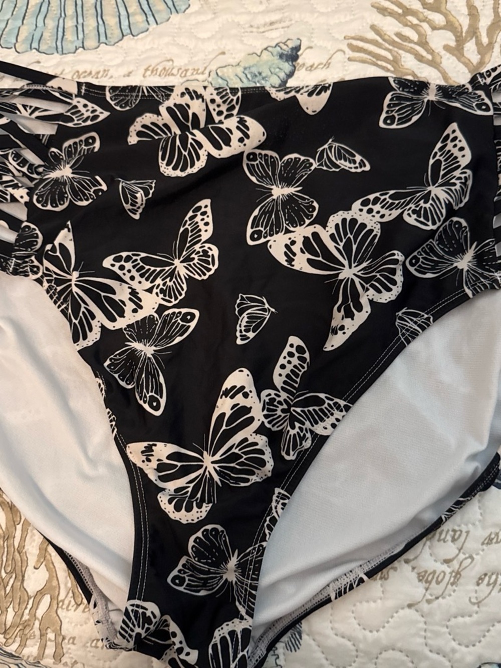 Black Butterfly Print High-Waist Bikini Bottoms